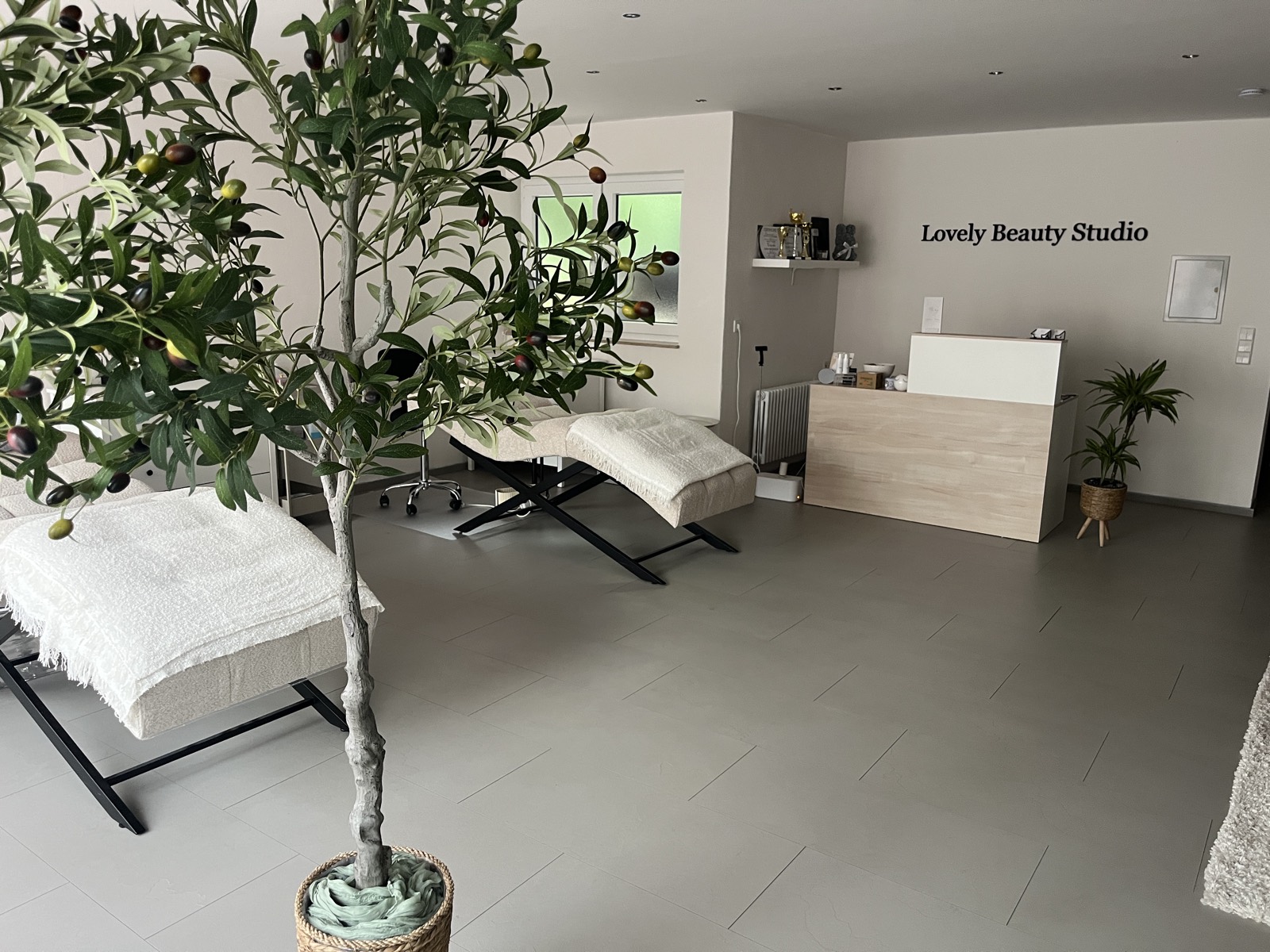 Innenansicht vom Lovely Beauty Studio in Pfullingen – Empfang, Behandlungsliegen und Olivenbaum